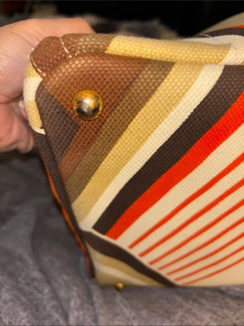 Prada Canvas Tote Bag with Orange Stripe Accent